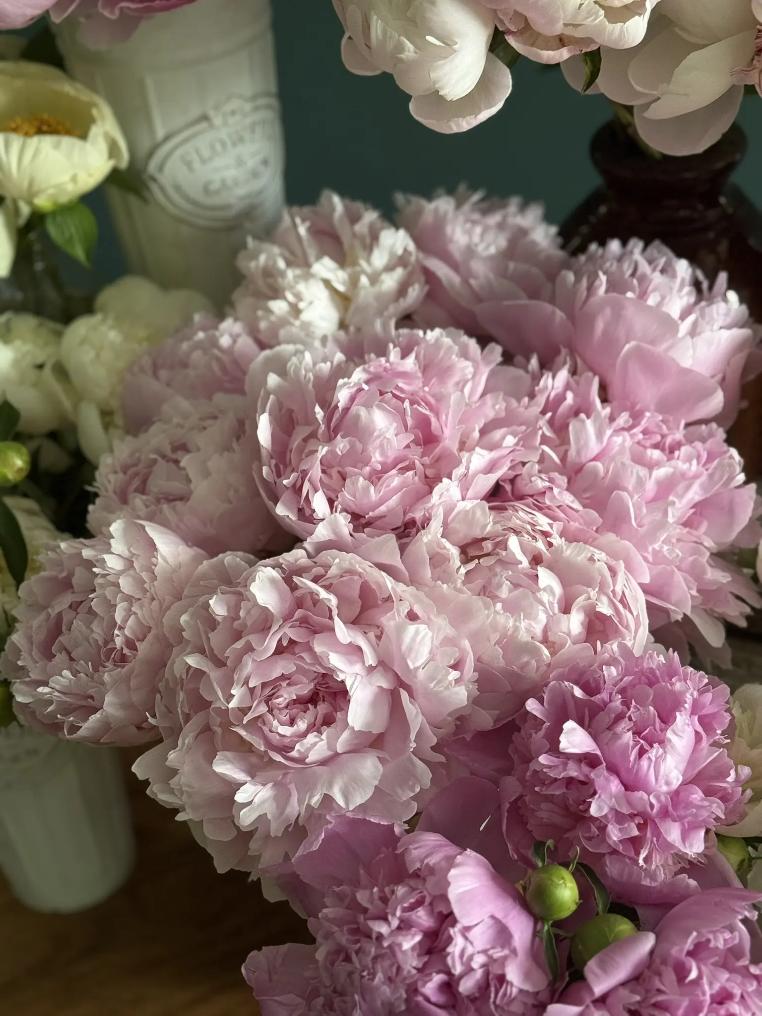 A bouquet of soft pink peonies with lush petals.