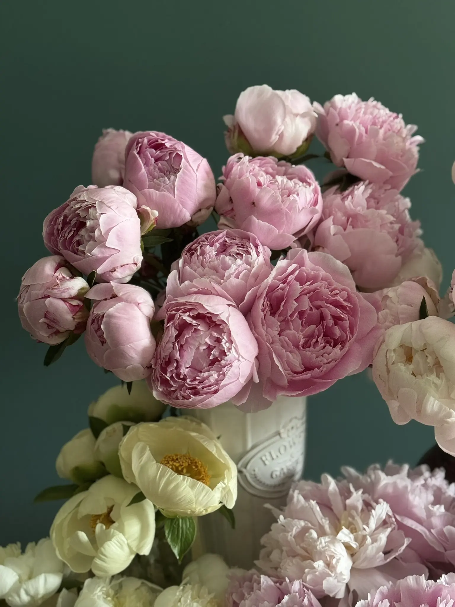 A bouquet of soft pink and cream roses in a vase.
