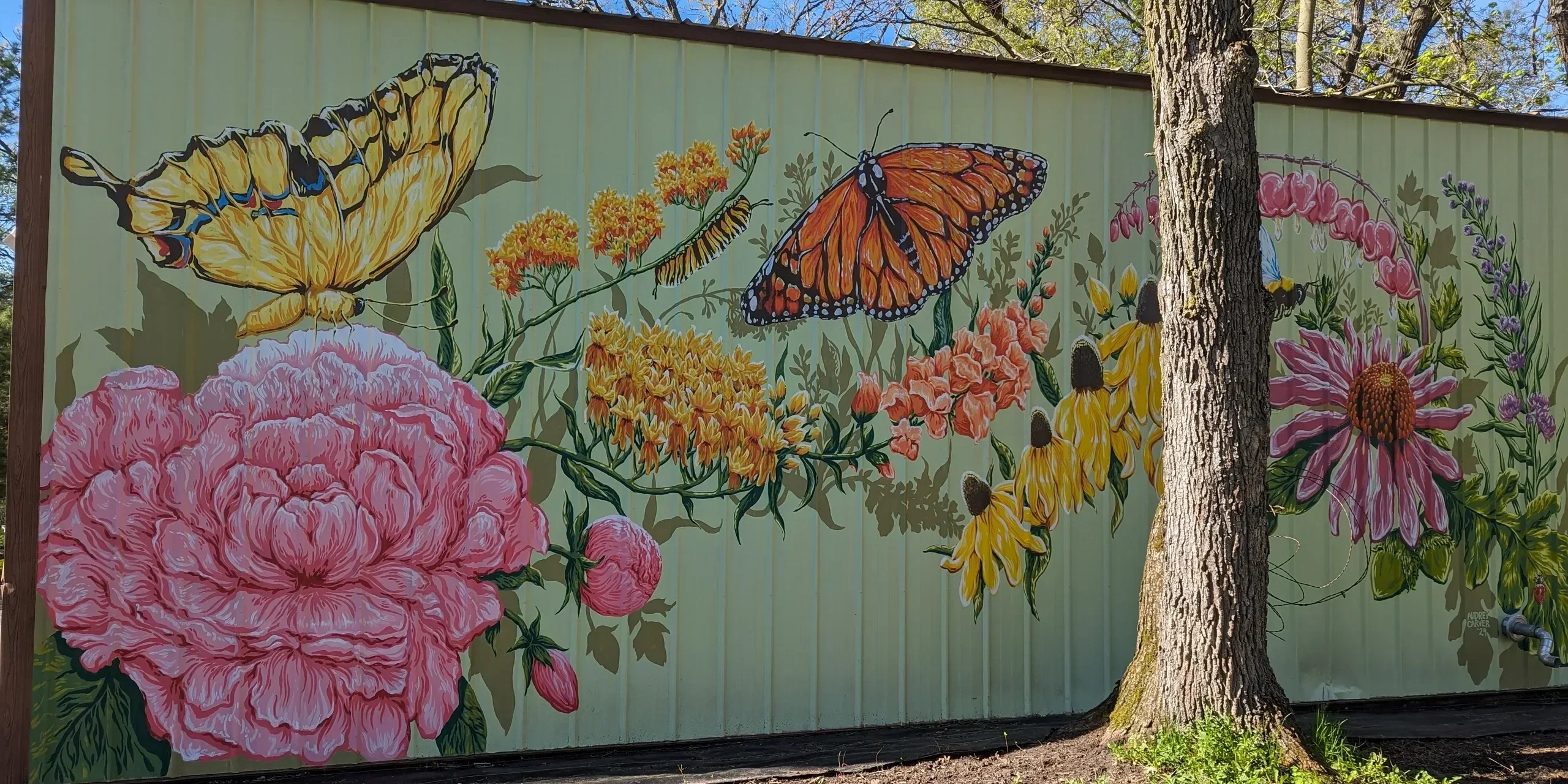 A vibrant mural of butterflies and flowers painted on a building wall.